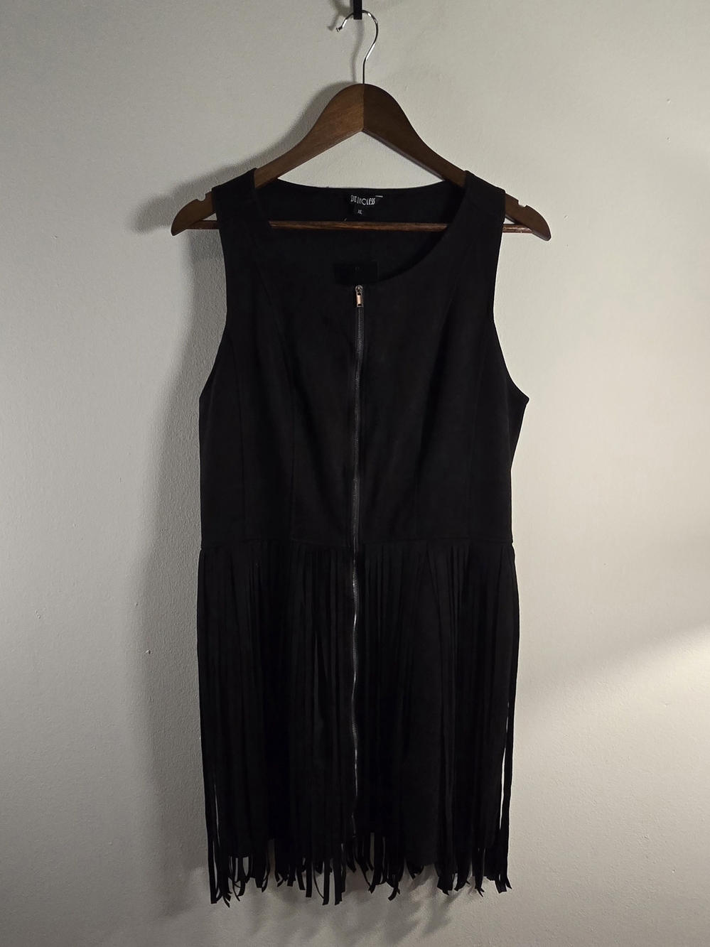 NWT Relish Noless Faux Suede Fringe Zip Front Mini Dress Black XL
